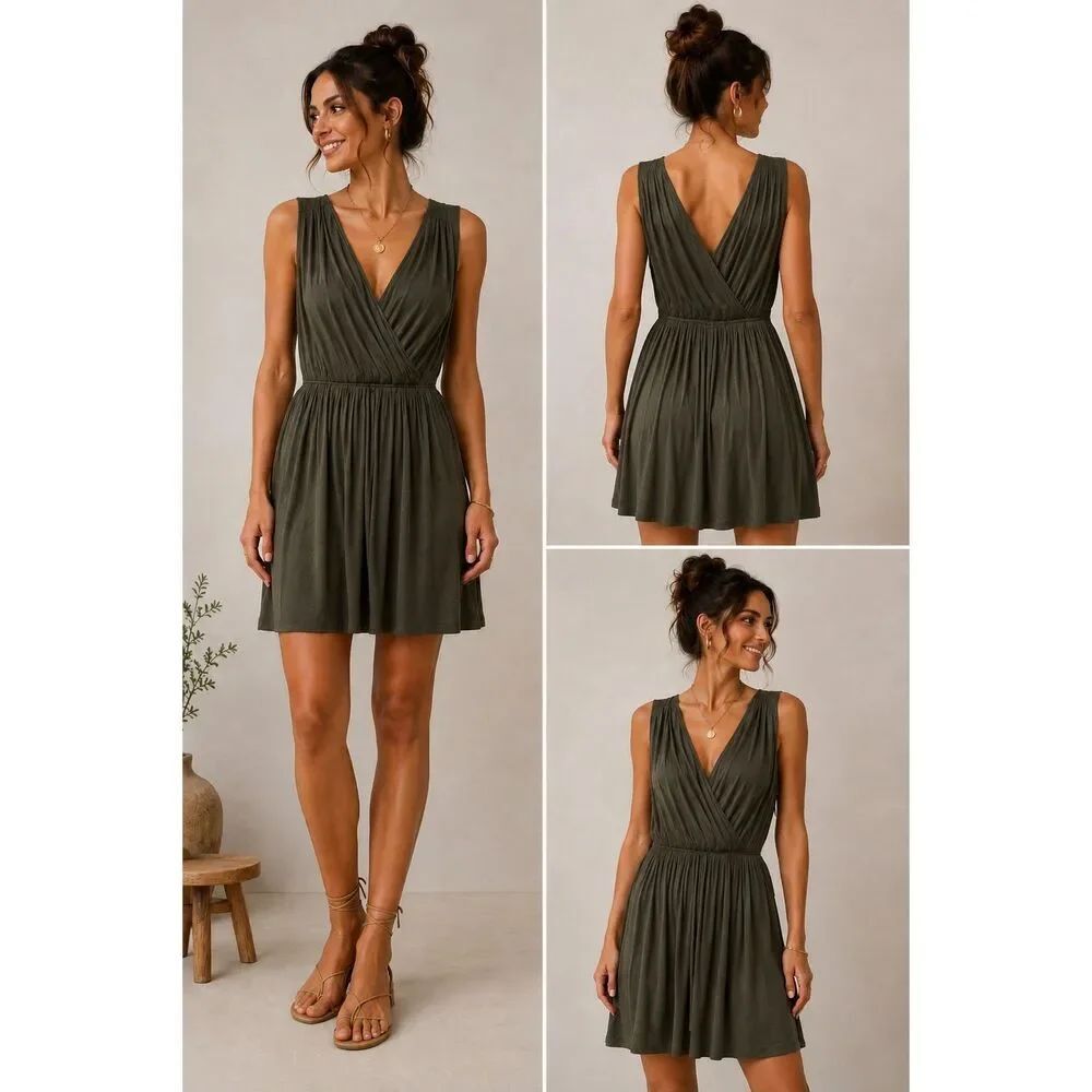 Yessica Olive Green Sleeveless Wrap Dress Ruched Stretch Size XL